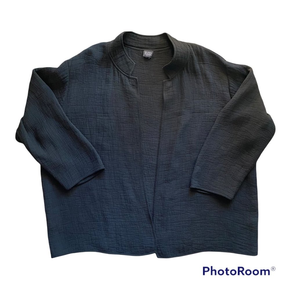 Eileen Fisher Textured Silk Sponge Open Front Jacket, Black/Charcoal